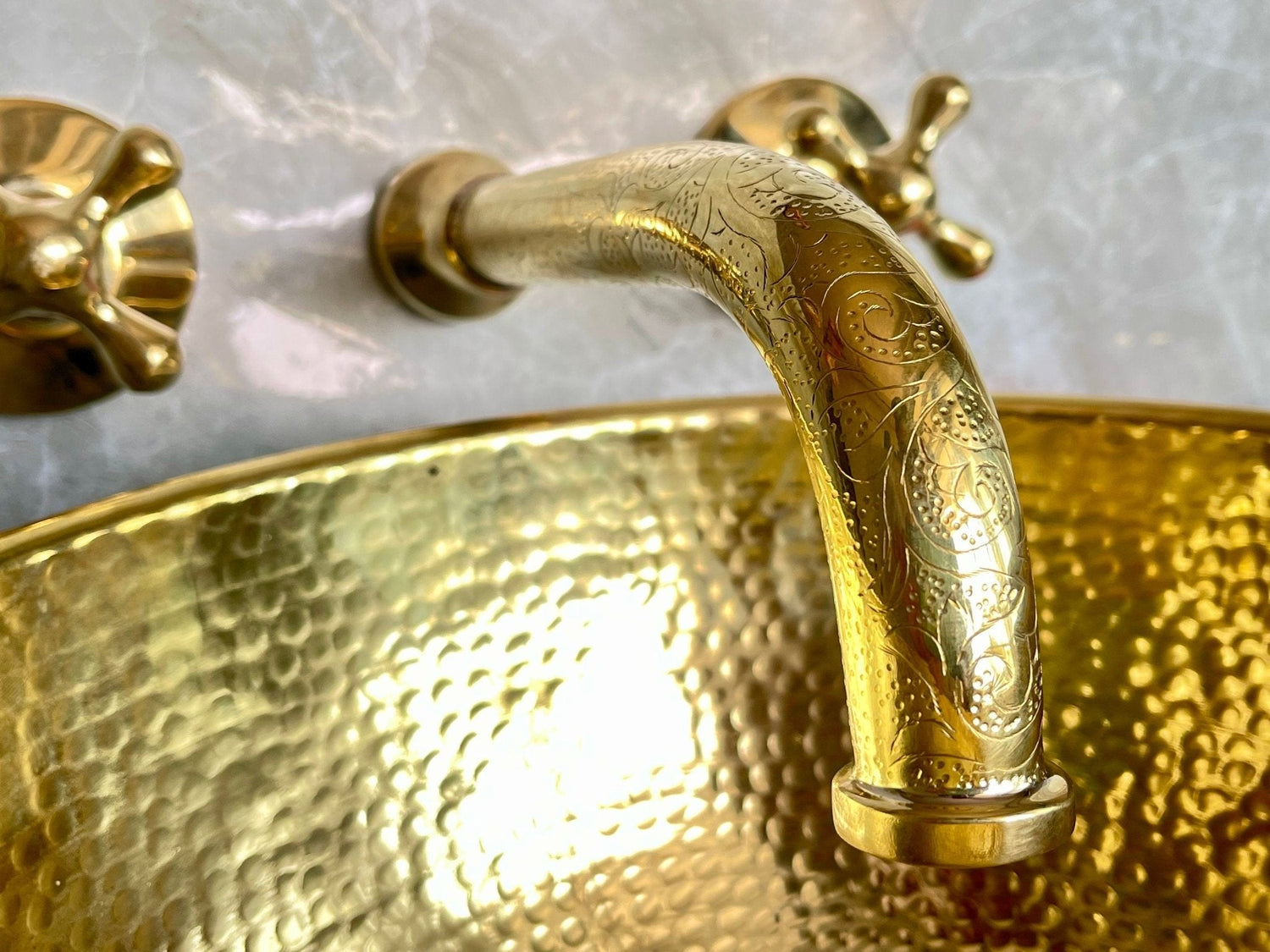 Engraved Unlacquered Brass Wall Mount Faucet - Cross Handle Set