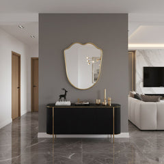 Varaudu Shield Gold Brass Frame Wall Mirror 369099704 - Antique Brass Bathroom Mirror, Vanity Wall Decor