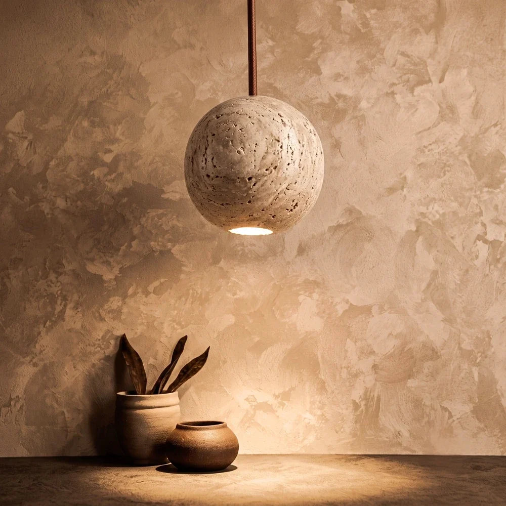 Fabien Wabi Sabi Globe Travertine Stone Pendant Light