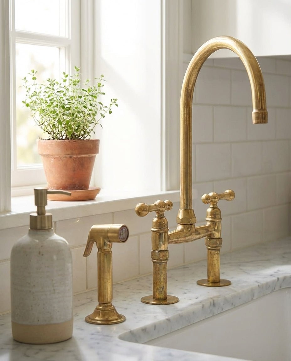 Vintage Farmhouse Kitchen Faucet with Brass Bridge Design and Dual Handles