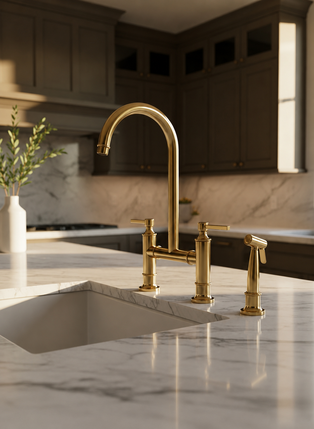 Solid Brass Bridge Kitchen Faucet with Side Sprayer