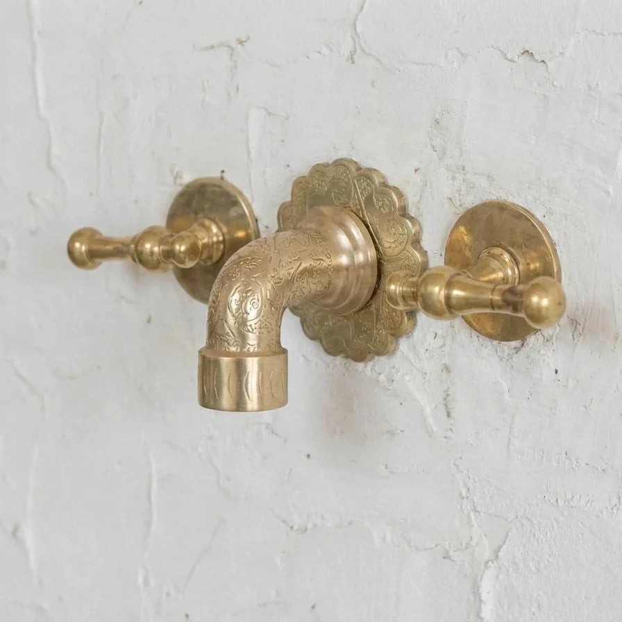 Engraved Brass Wall Faucet Vanity with Lever Handles - Sink Tap