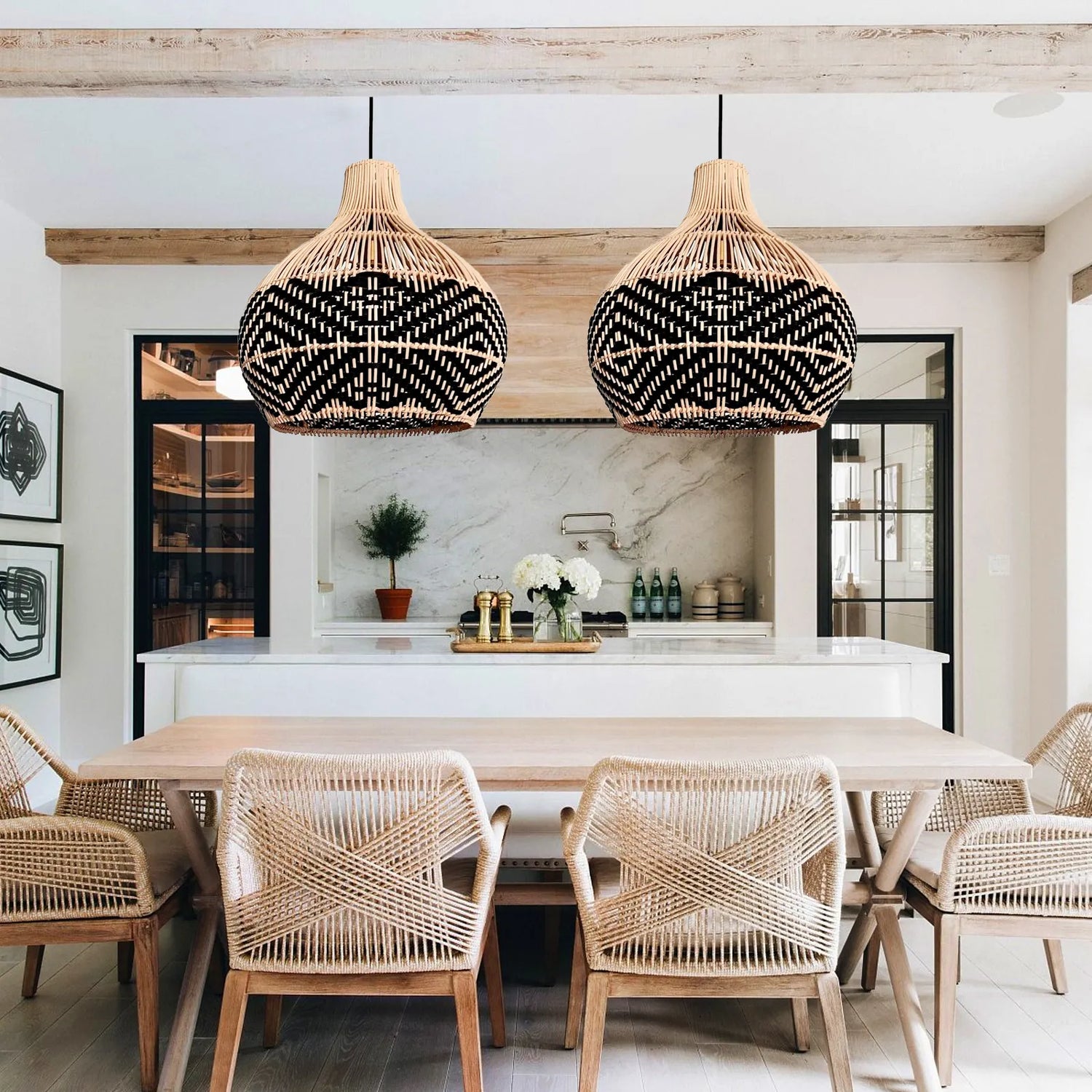 Florida Black Rattan Wicker Pendant Light For Kitchen Island
