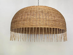 Frayed Extra Large Rattan Dome Wicker Pendant Light hangs with Chain