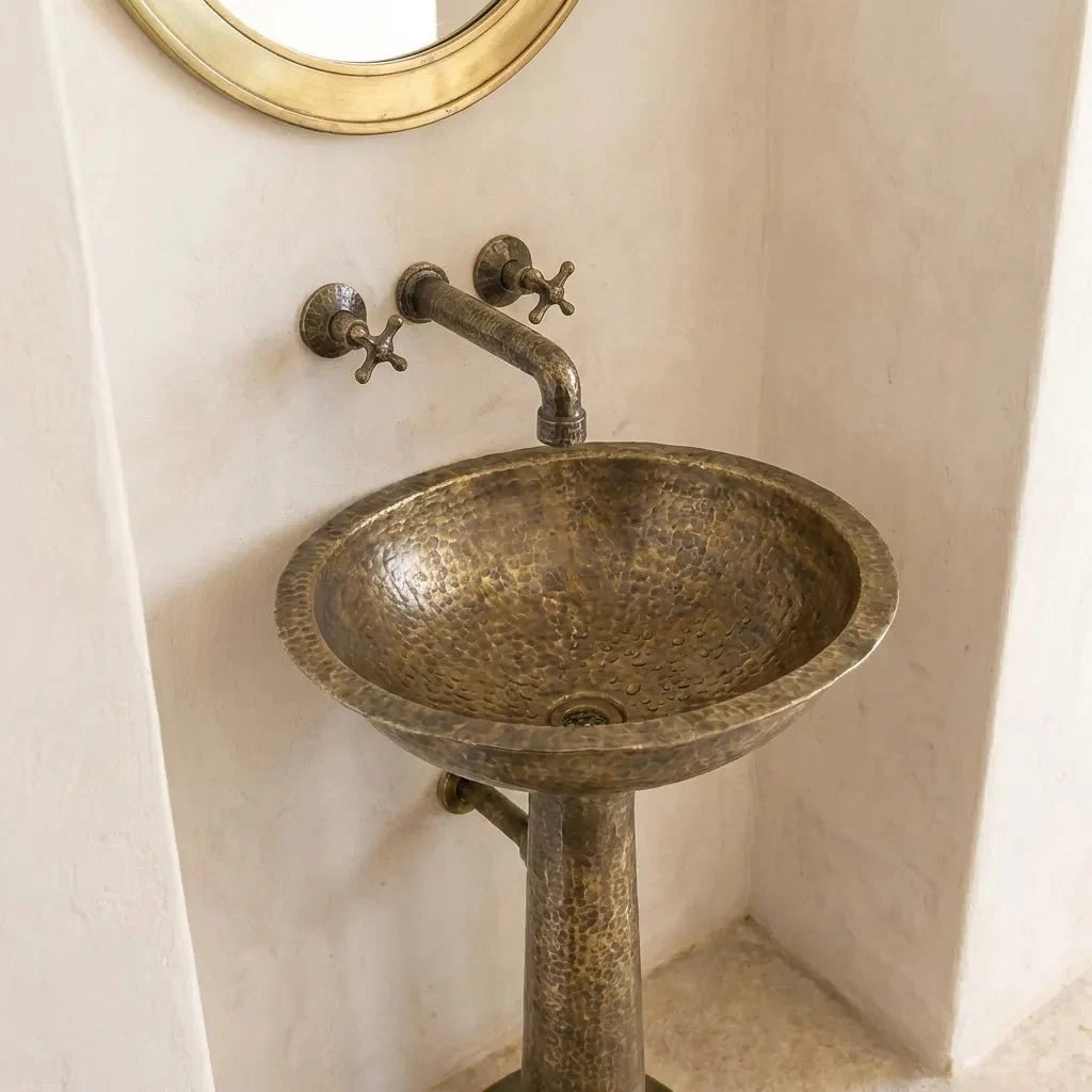 Freestanding Vintage Patina Brass Pedestal Sink – Handmade Old-World Bathroom Sink