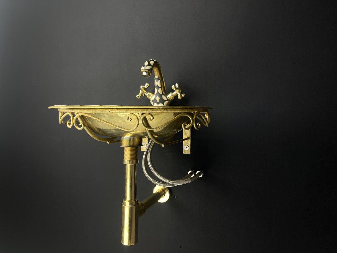Geometric Bone Inlay Brass Sink Set - Unlacquered Brass & Black Resin