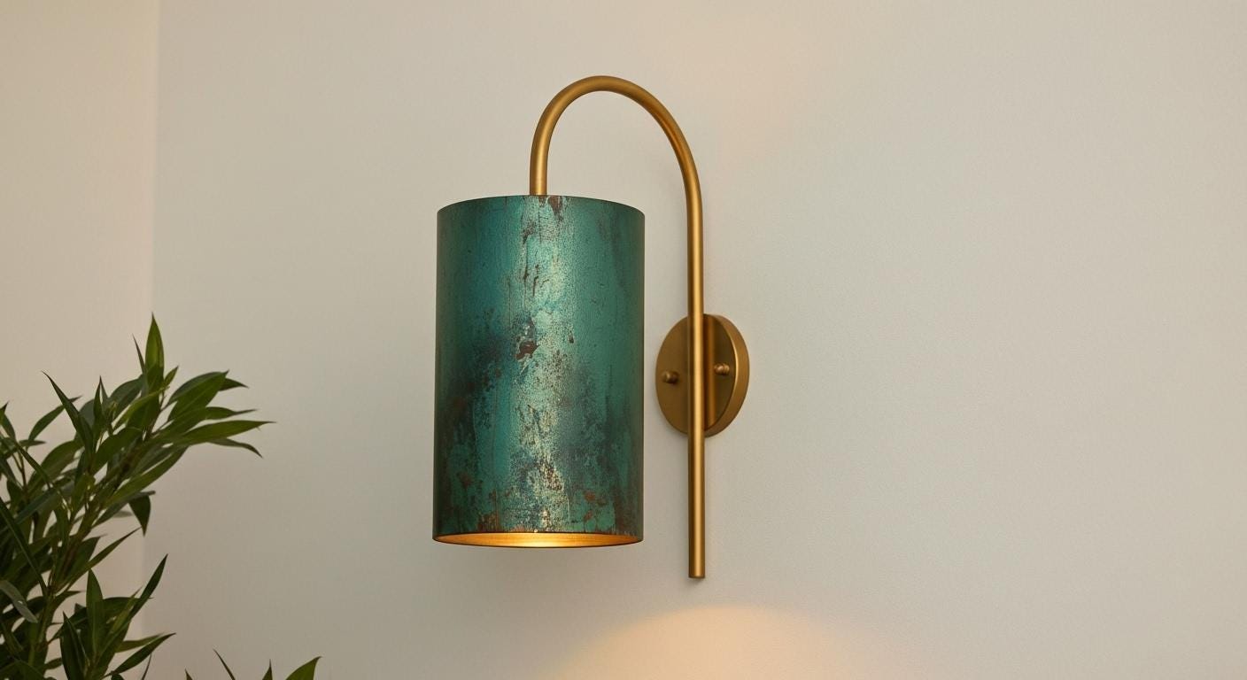 Green Patina Brass Cylinder Wall Sconce - Curved Arm Light