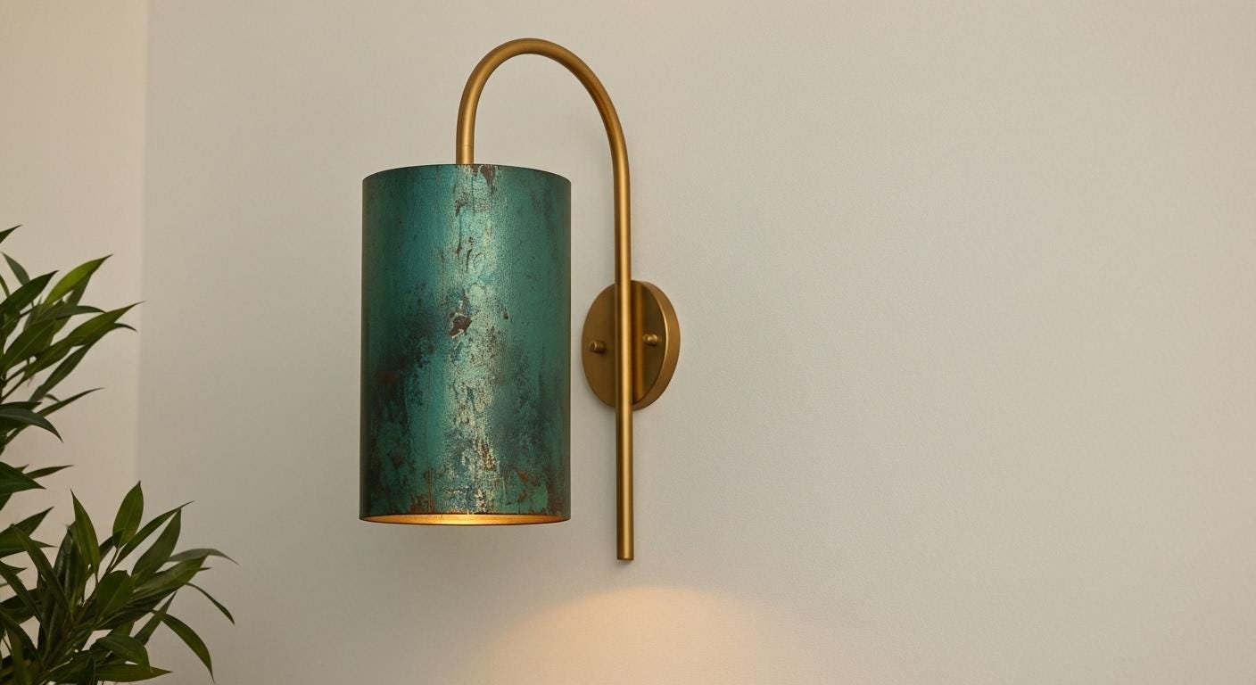 Green Patina Brass Cylinder Wall Sconce - Curved Arm Light