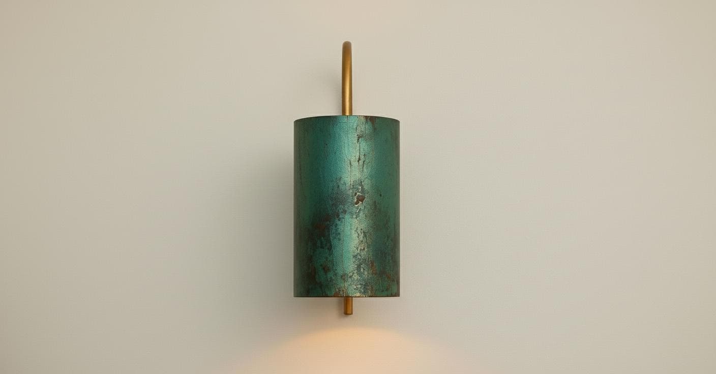 Green Patina Brass Cylinder Wall Sconce - Curved Arm Light