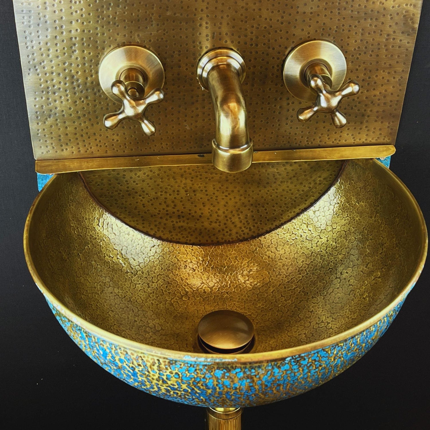 Green Patina Brass Wall Mount Sink: Handcrafted Rustic Bathroom Fixture