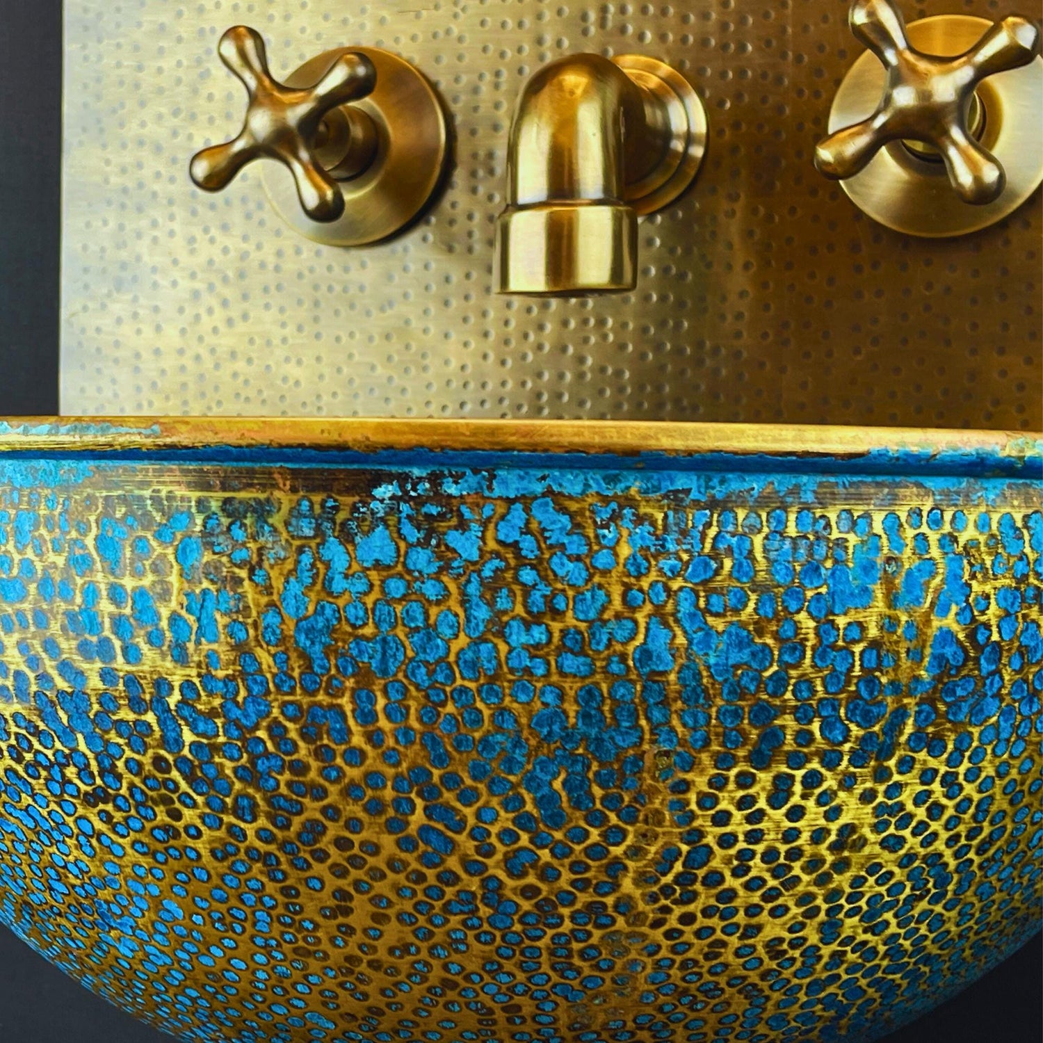 Green Patina Brass Wall Mount Sink: Handcrafted Rustic Bathroom Fixture