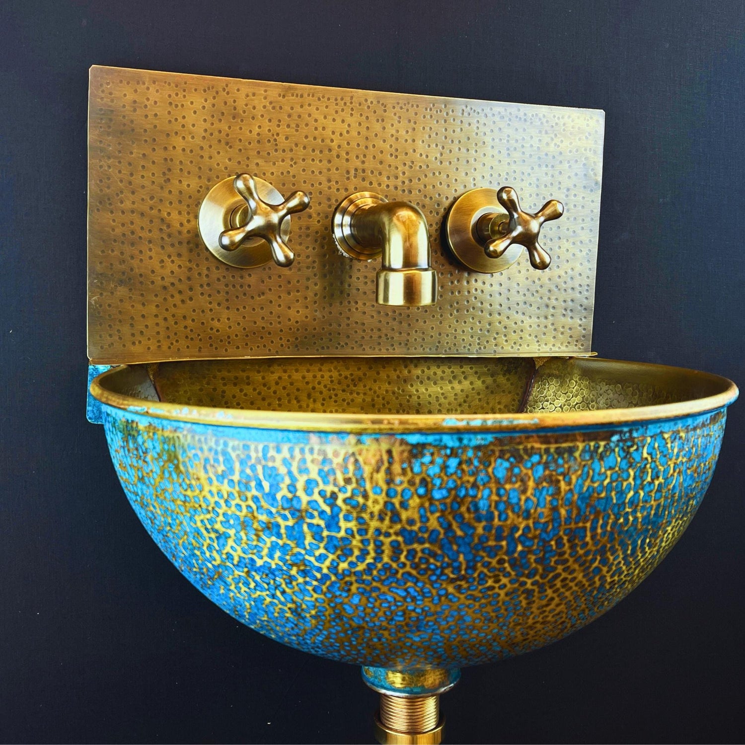 Green Patina Brass Wall Mount Sink: Handcrafted Rustic Bathroom Fixture
