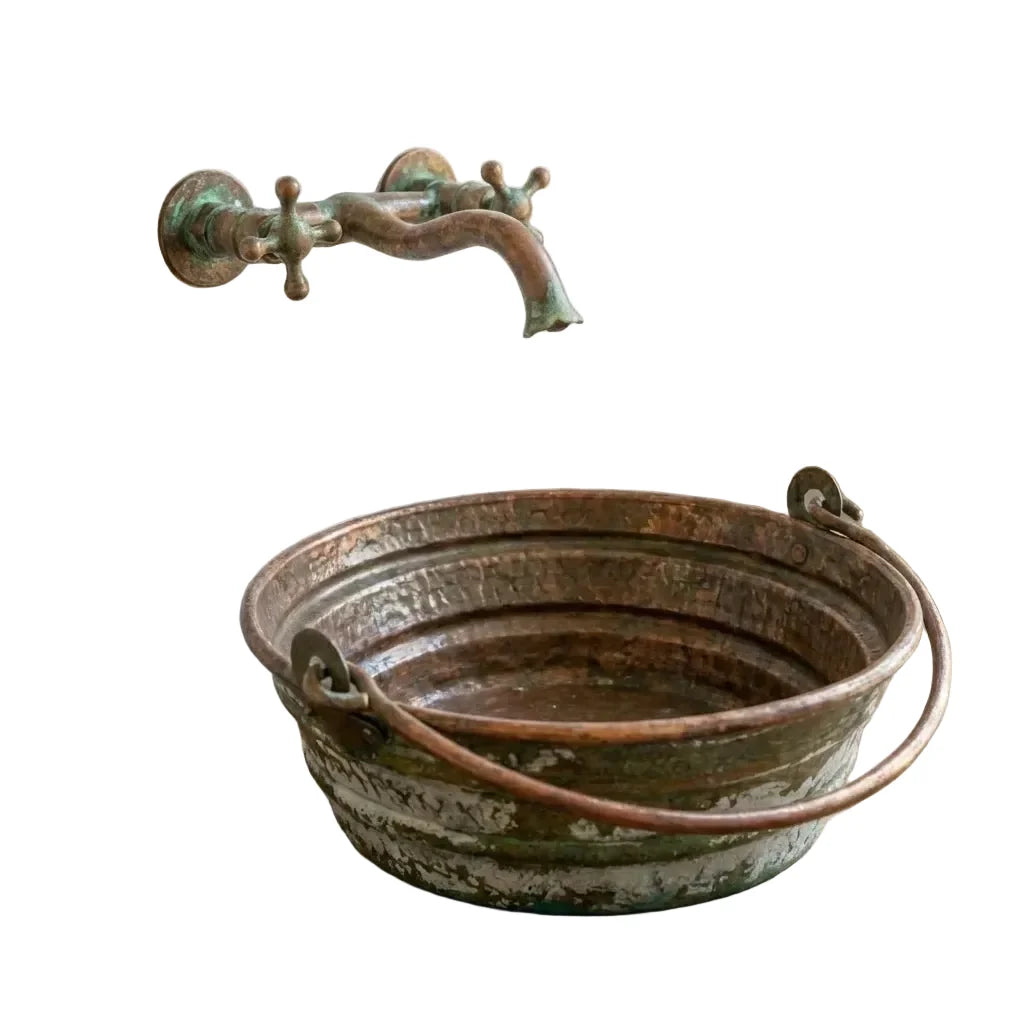 Green Patina Copper Bucket Sink – Handmade Round Vessel Basin with Handles