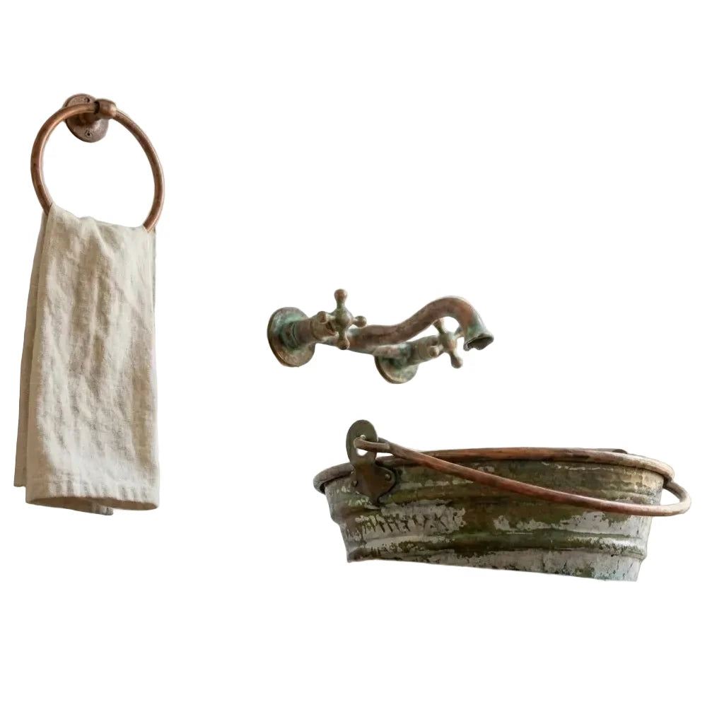 Green Patina Copper Bucket Sink – Handmade Round Vessel Basin with Handles