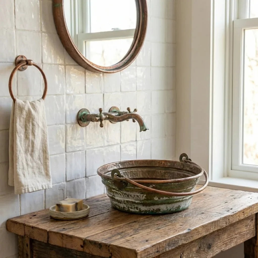 Green Patina Copper Bucket Sink – Handmade Round Vessel Basin with Handles