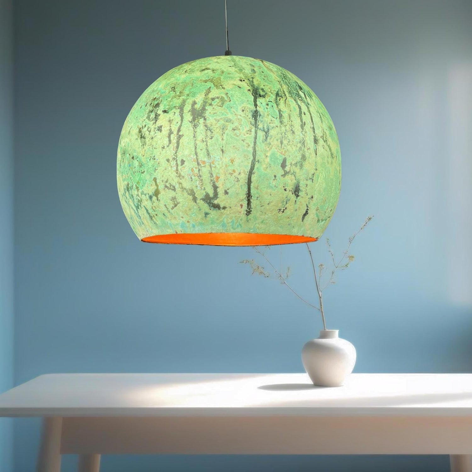 Green Patina Copper Dome Pendant Light: Rustic Modern Kitchen Island Lighting