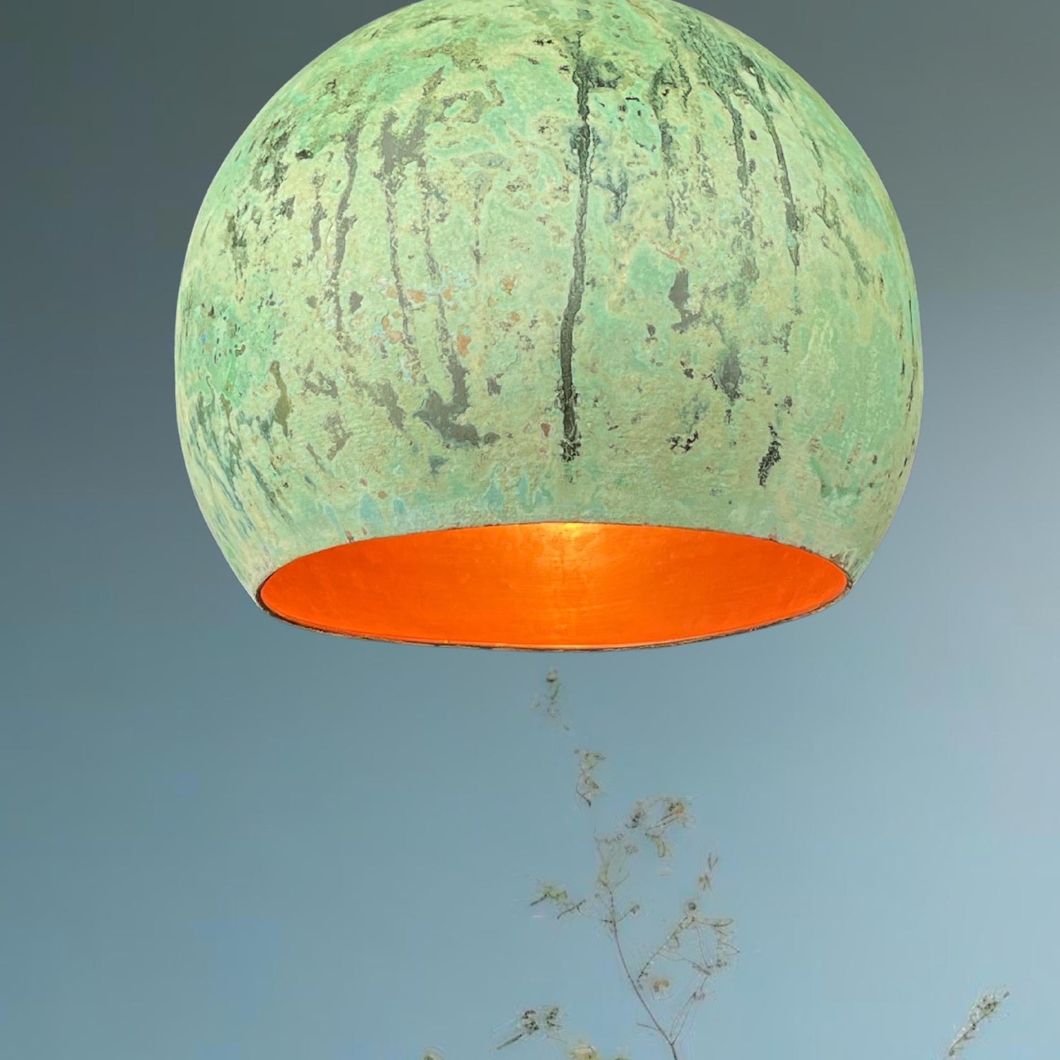 Green Patina Copper Dome Pendant Light: Rustic Modern Kitchen Island Lighting