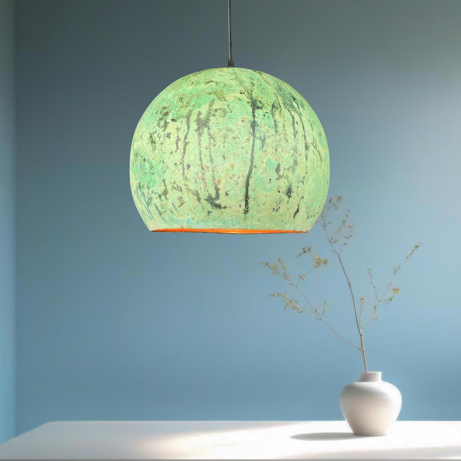 Green Patina Copper Dome Pendant Light: Rustic Modern Kitchen Island Lighting