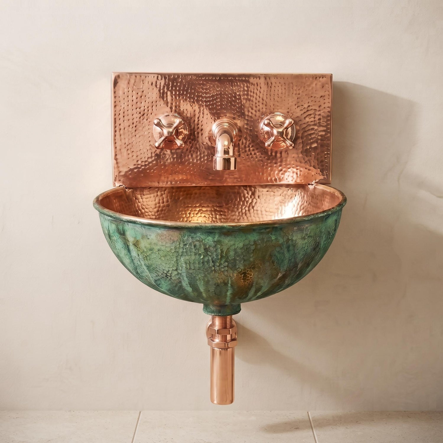 Green Patina copper Wall Mount Sink: Handcrafted Rustic Bathroom Fixture
