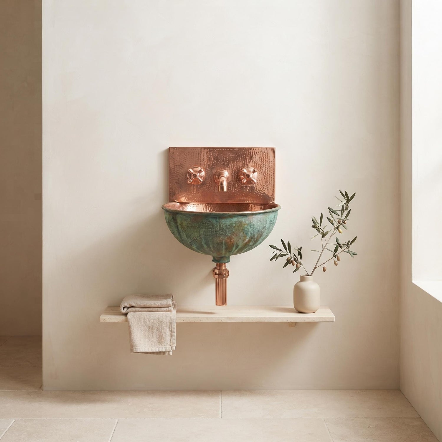 Green Patina copper Wall Mount Sink: Handcrafted Rustic Bathroom Fixture