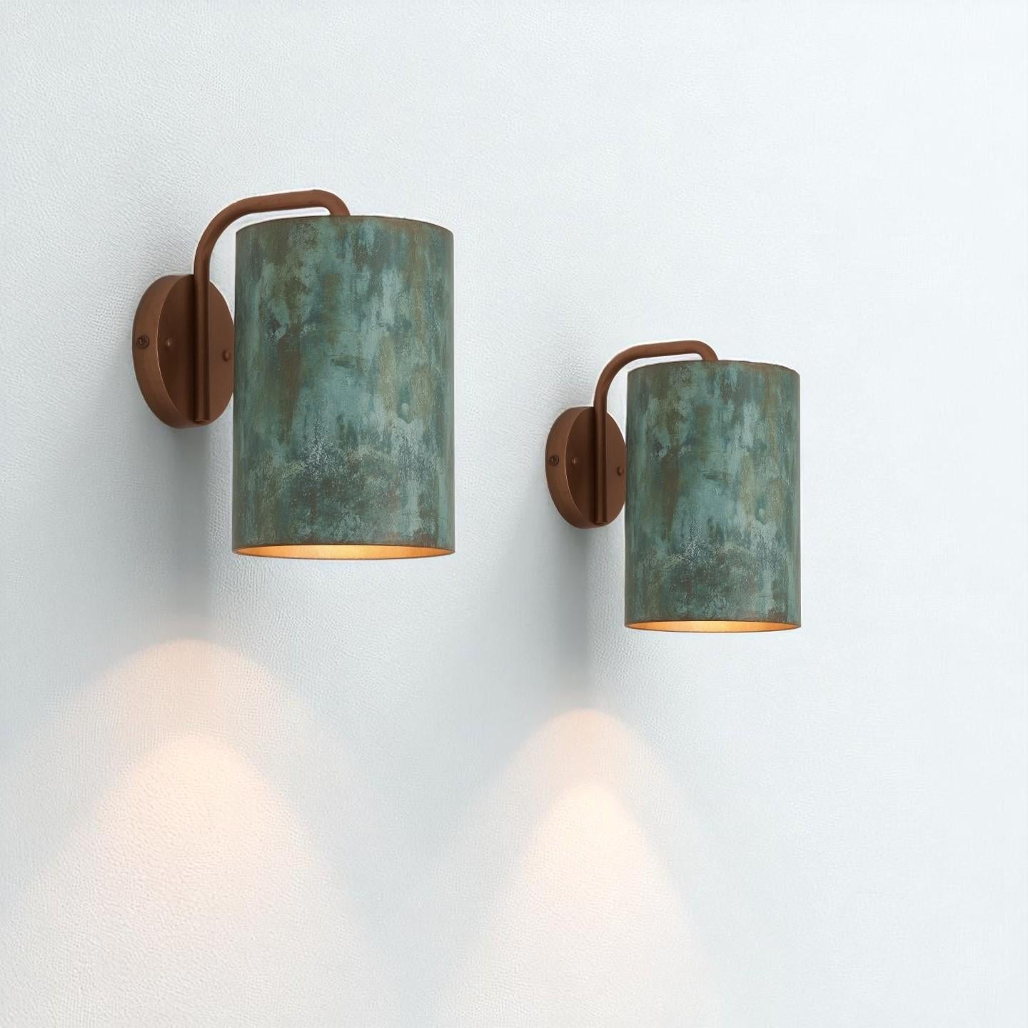 Green Patina Copper Wall Sconce: Rustic Modern Cylinder Light