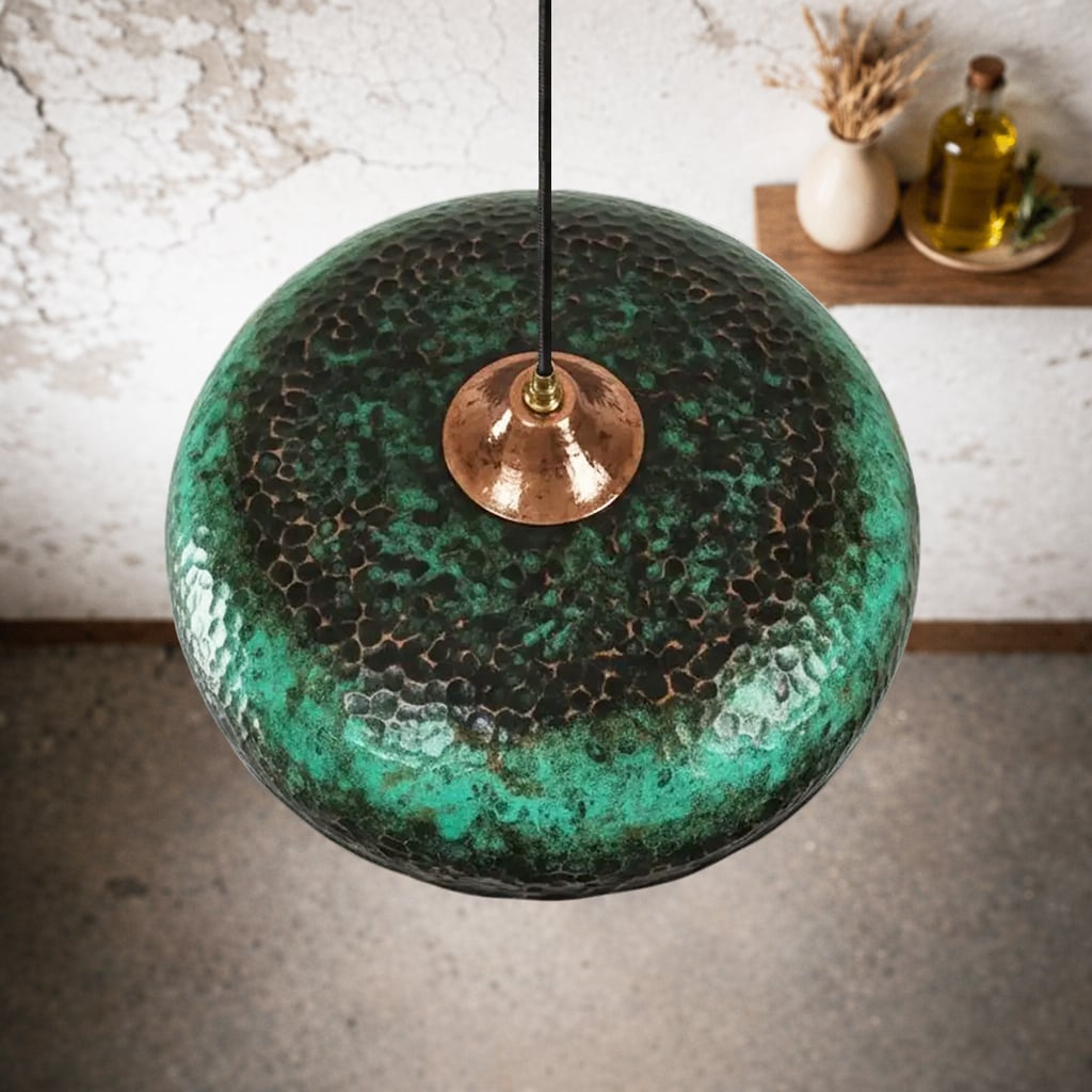 Wide Hammered Copper Pendant Lamp