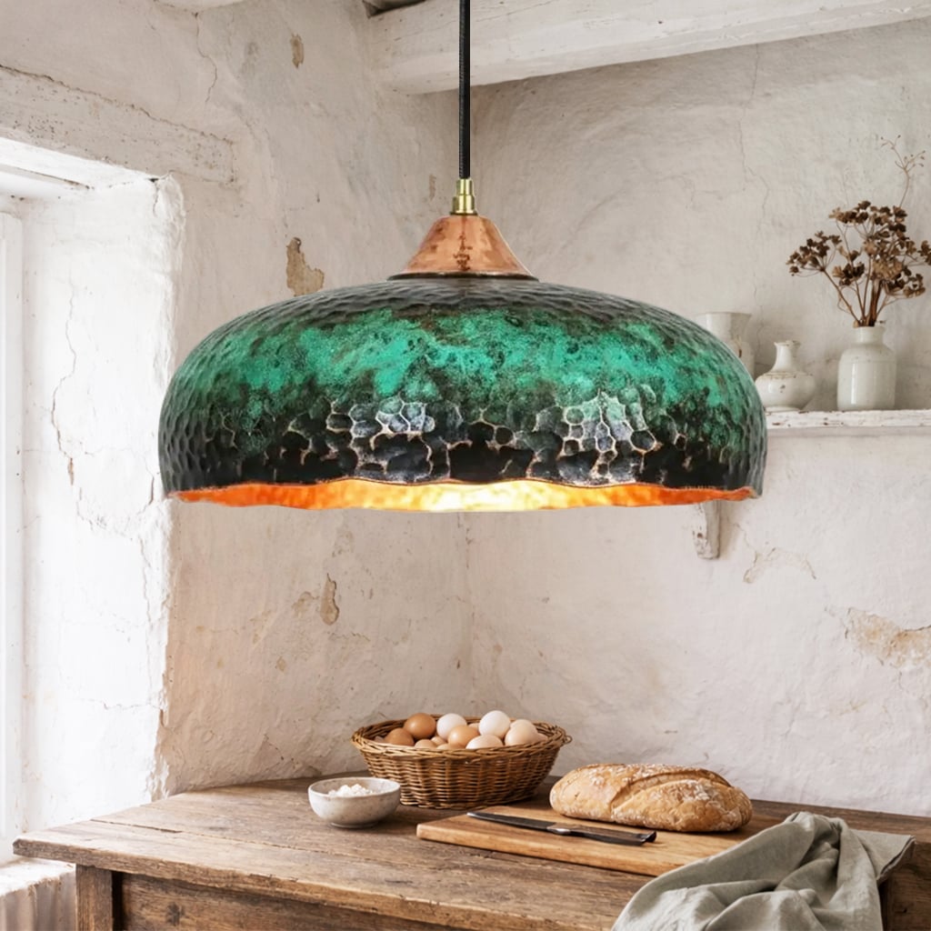 Wide Hammered Copper Pendant Lamp