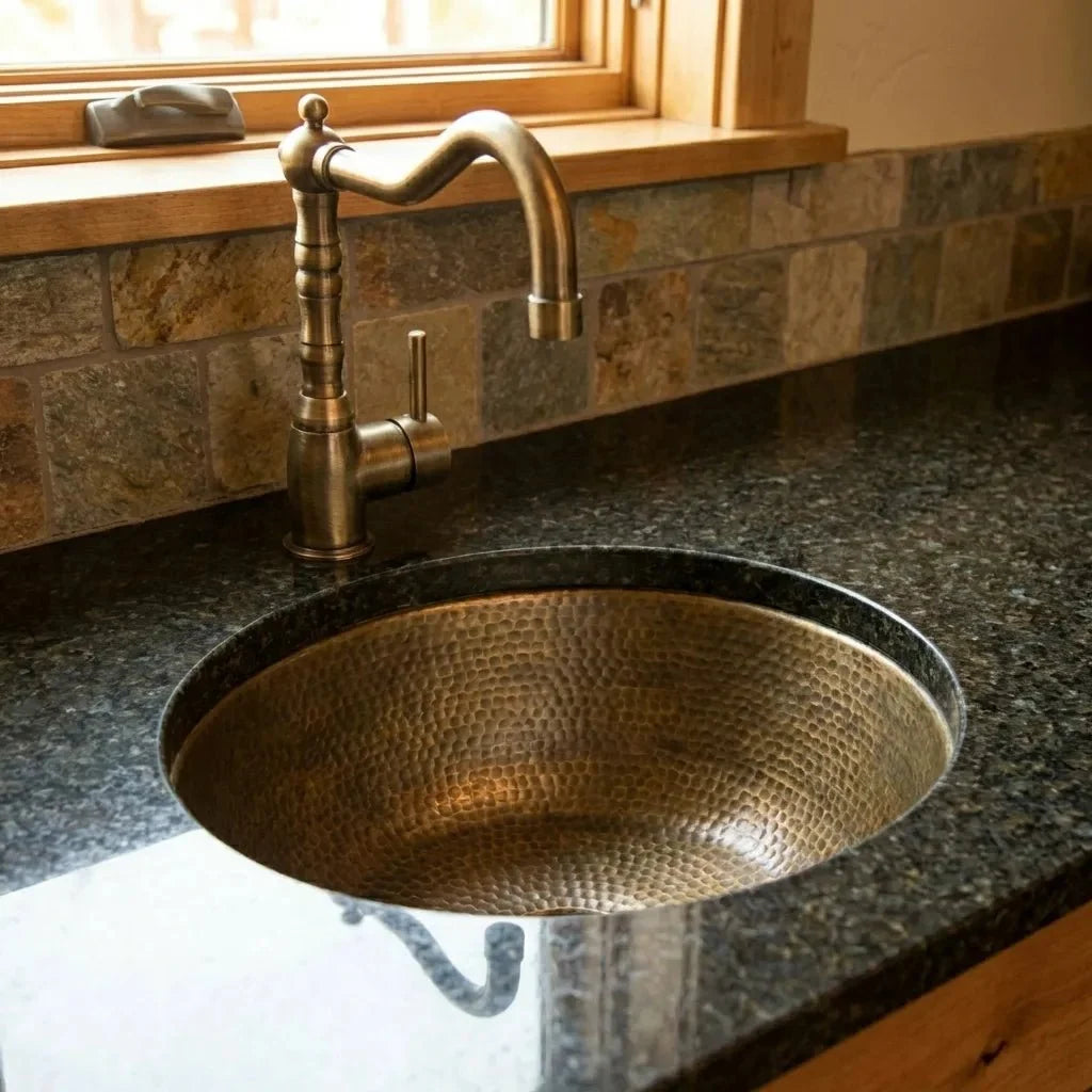 Hammered Antique Brass Bar Sink with Aged Patina Finish