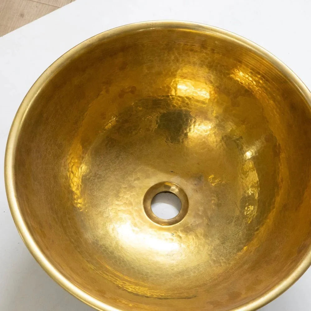 Vintage Hammered Brass Vessel Sink with Wooden Accents