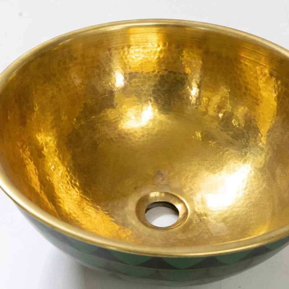 Vintage Hammered Brass Vessel Sink with Wooden Accents