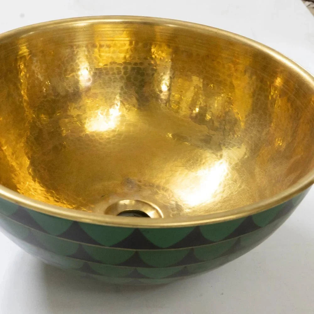 Vintage Hammered Brass Vessel Sink with Wooden Accents