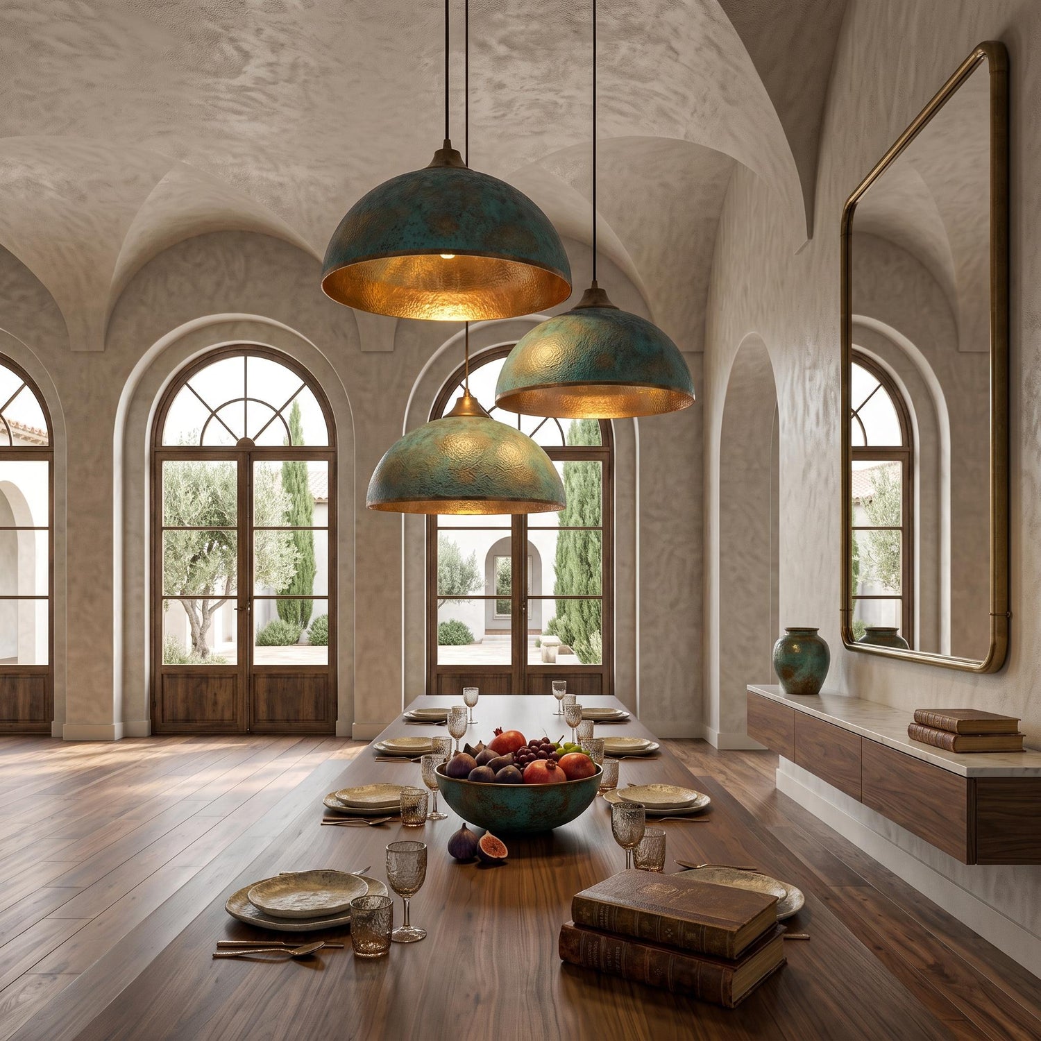 Hammered Brass Dome Pendant Light - green patina Industrial Ceiling Lamp