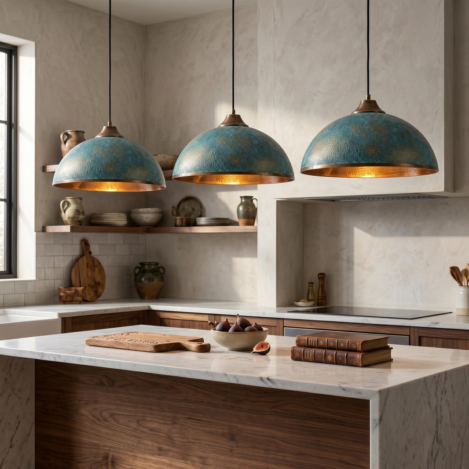 Hammered Brass Dome Pendant Light - green patina Industrial Ceiling Lamp
