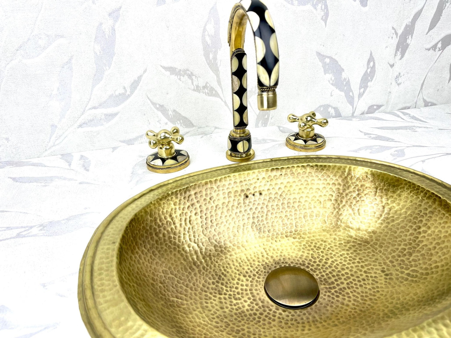 Hammered Brass Drop-In Sink & Faucet Set - Resin & Bone Inlay