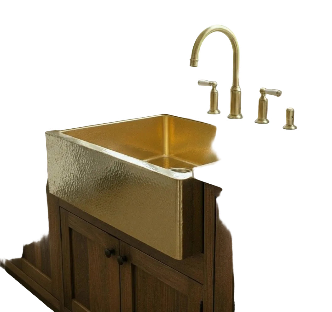 Hammered Brass Farmhouse Sink with Apron and Towel Bar