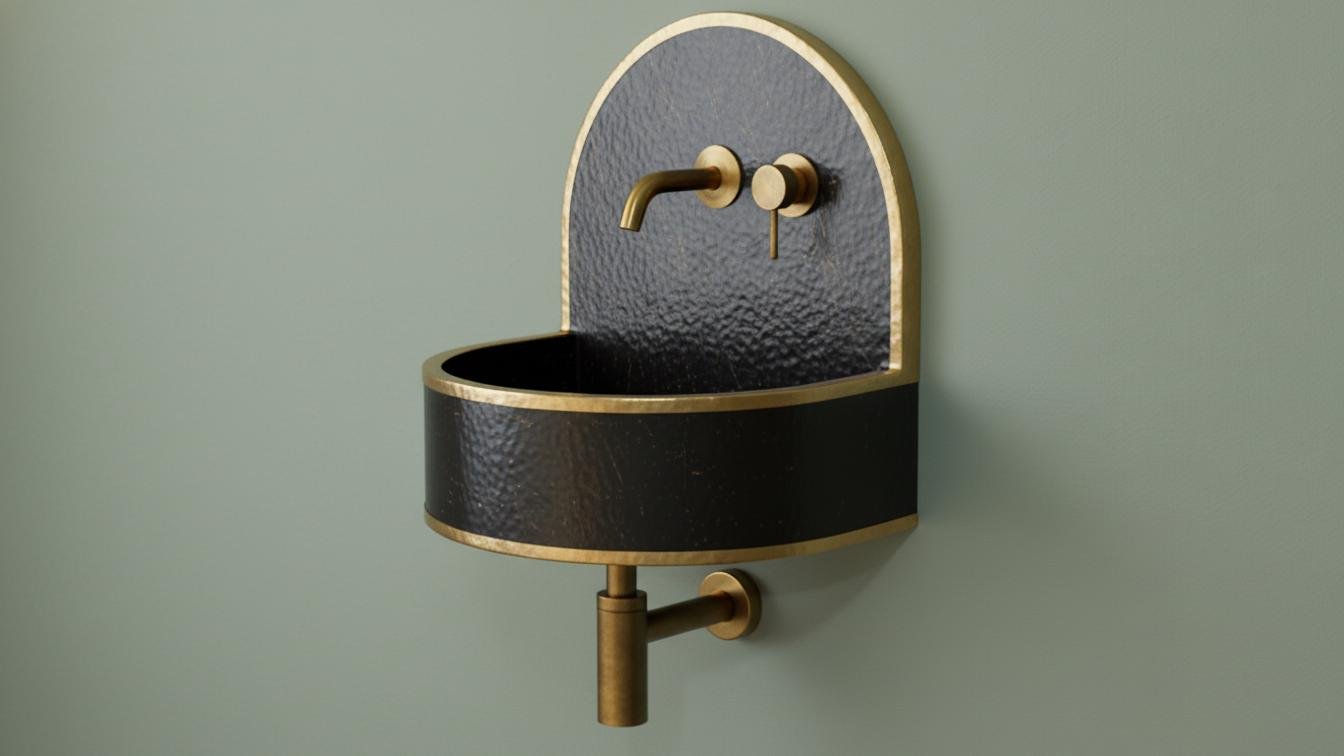 Hammered Brass Wall Mount Sink - Black Patina Floating Basin