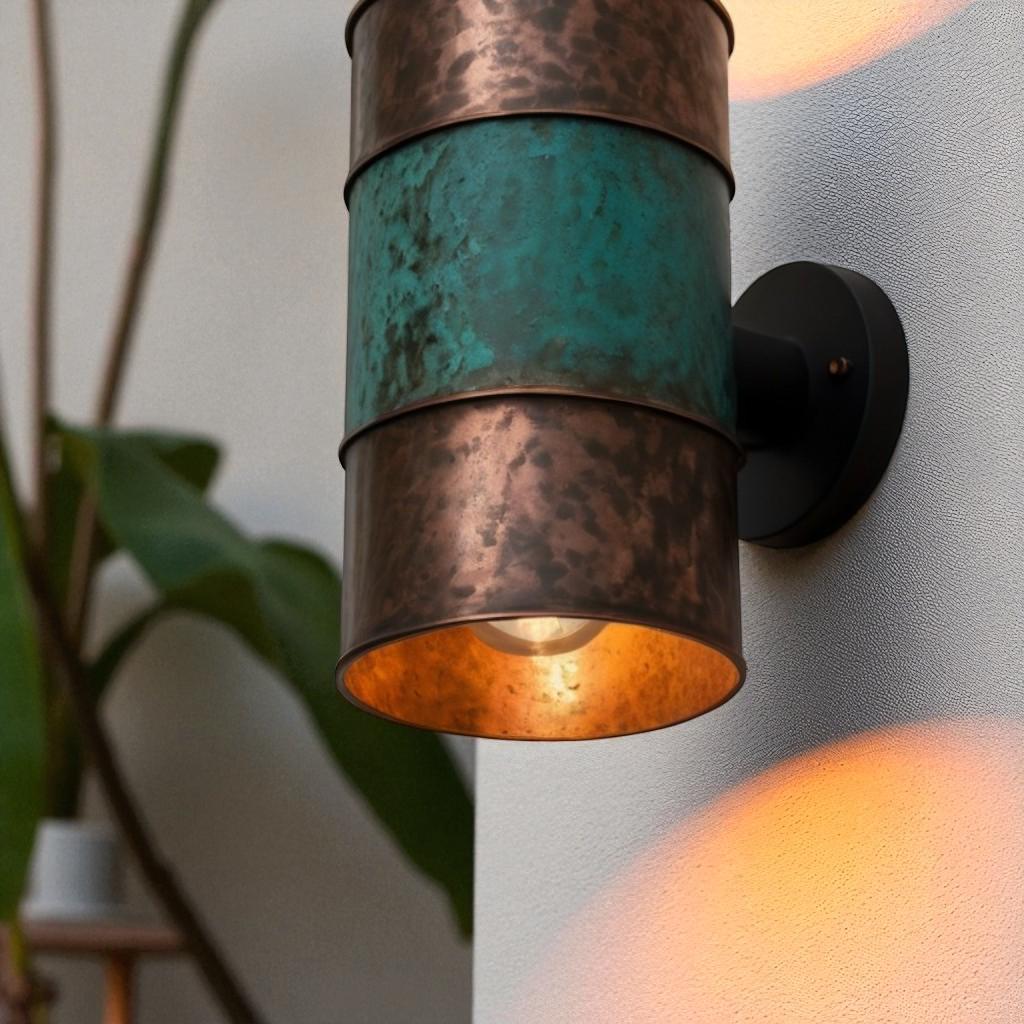 Hammered Copper Cylinder Wall Sconce - Green Patina Band