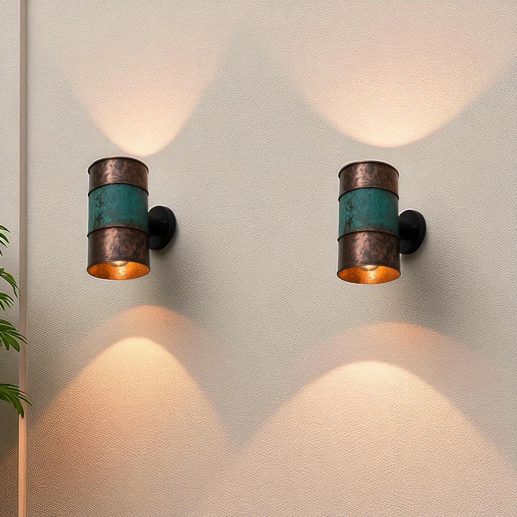 Hammered Copper Cylinder Wall Sconce - Green Patina Band
