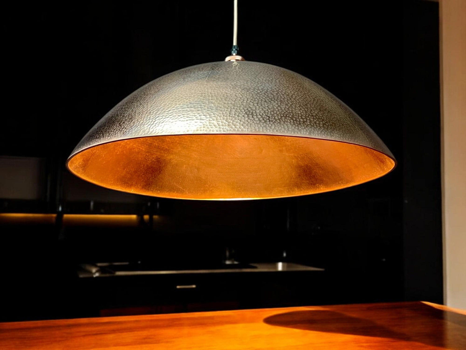 Hammered Copper Dome Pendant Light - Antique Patina Kitchen Island Lamp