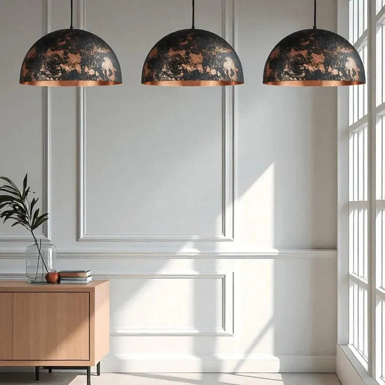 Hammered Copper Dome Pendant Light - Black Industrial Ceiling Lamp