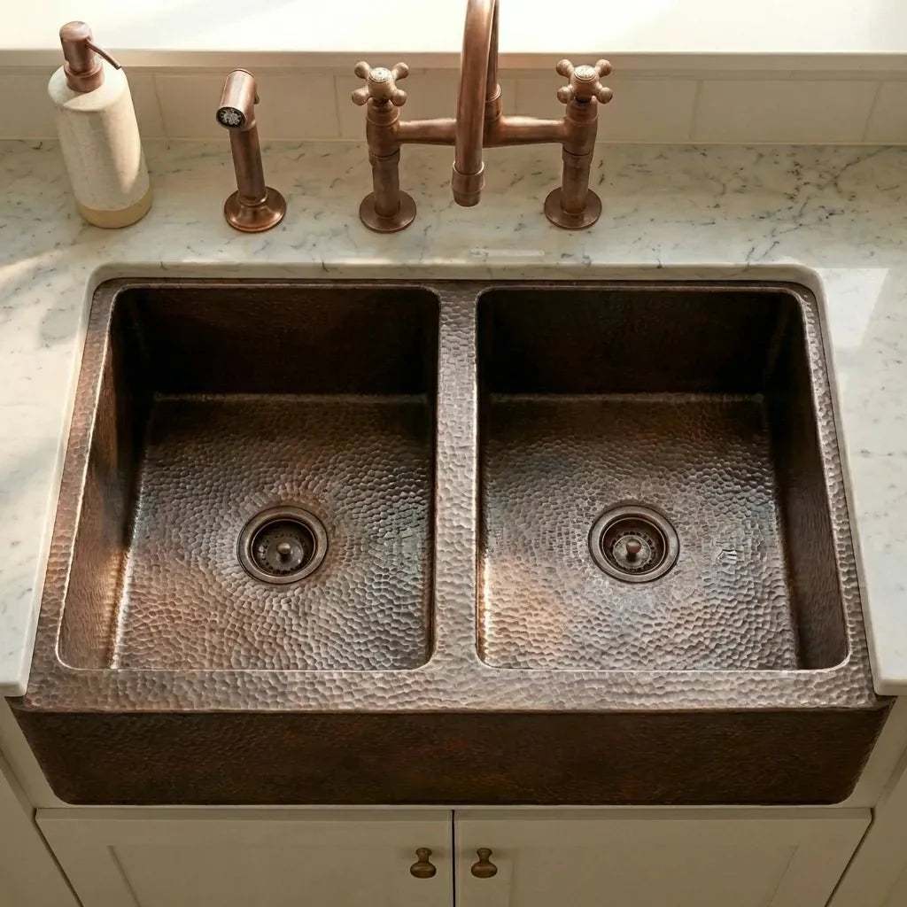 Hammered Copper Double Bowl Farmhouse Kitchen Sink