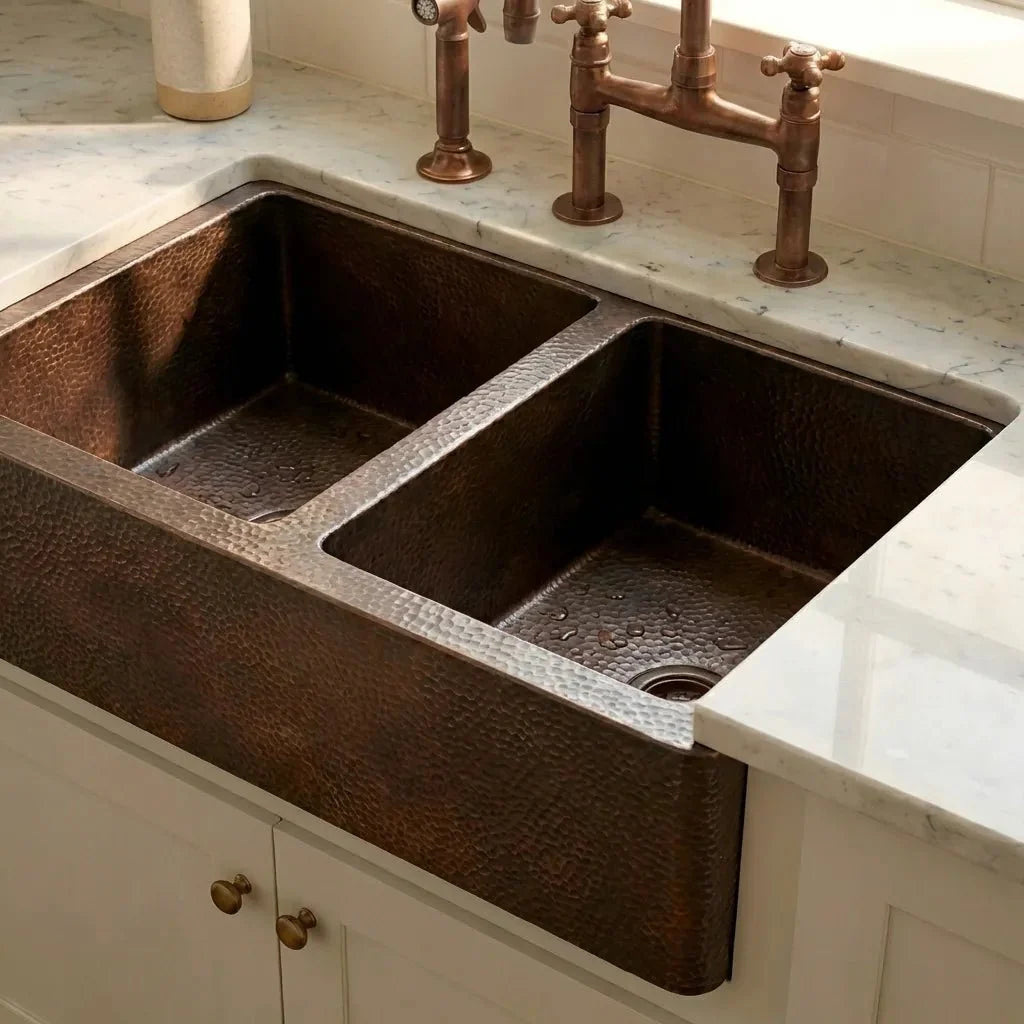 Hammered Copper Double Bowl Farmhouse Kitchen Sink