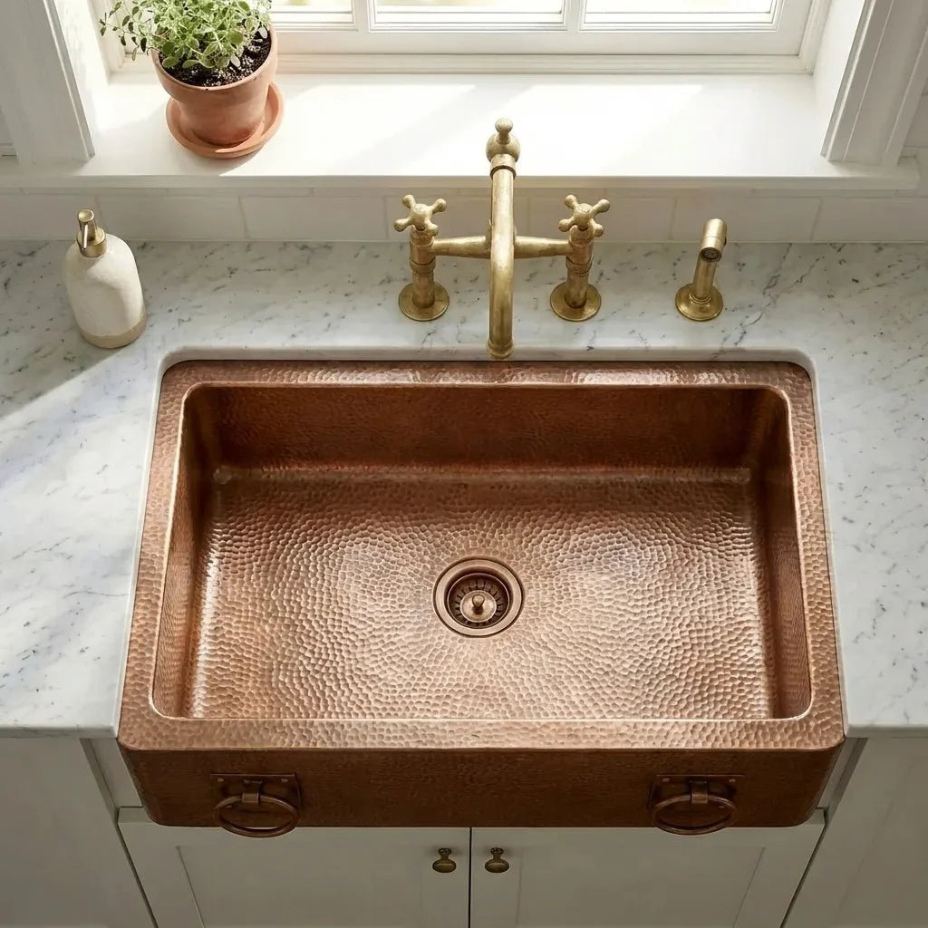 Hammered Copper Farmhouse Sink with Rings for Kitchen and Bath
