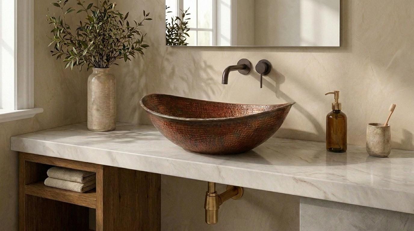 Hammered Copper Vessel Sink – Oval Bathroom Sink, Rustic Copper Vanity Basin, Handmade Luxury Countertop Sink, Farmhouse Wash Basin