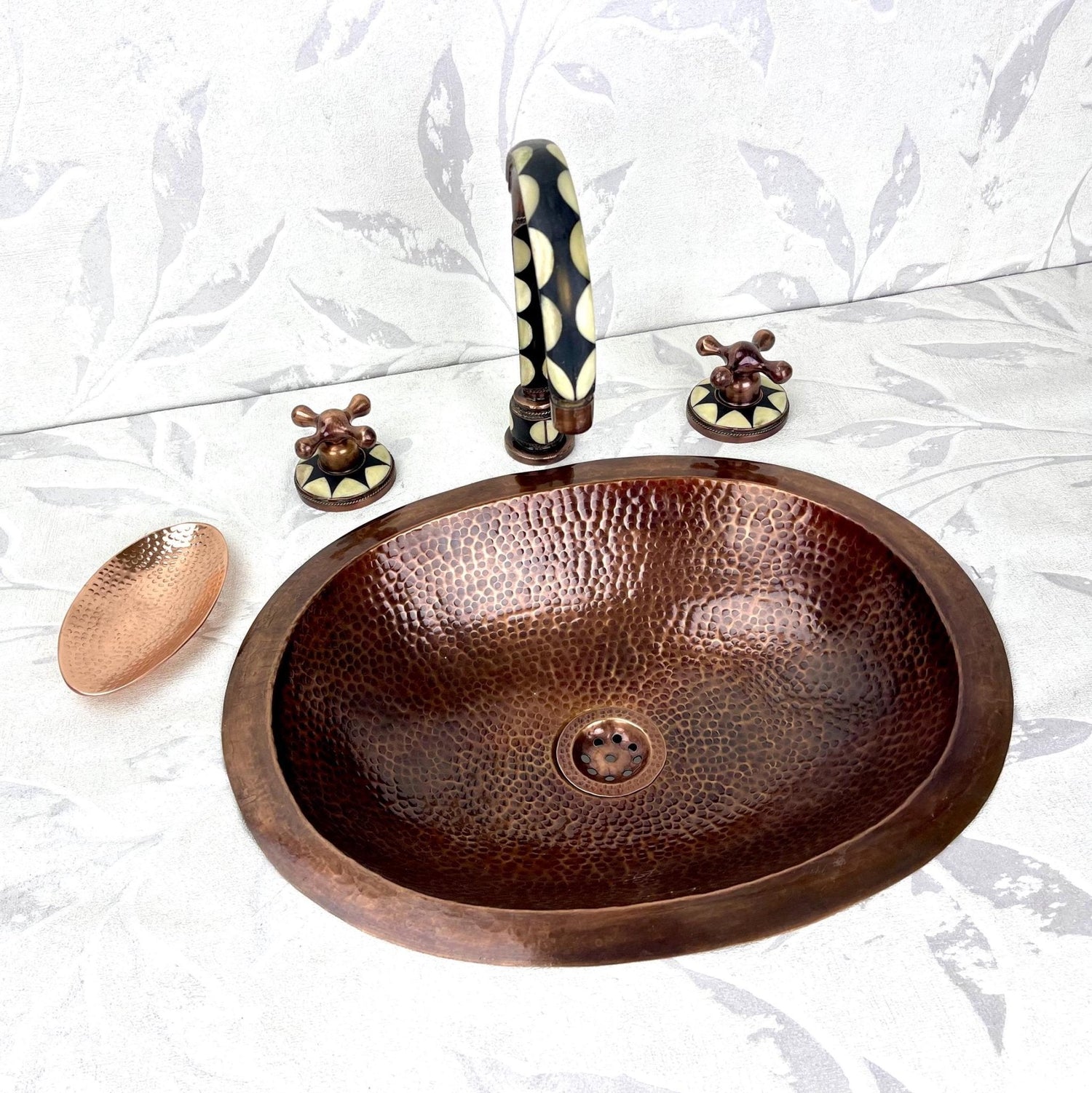 Hammered Copper Vessel Sink Set - Widespread Faucet with Black Resin Inlay & Antique Finish