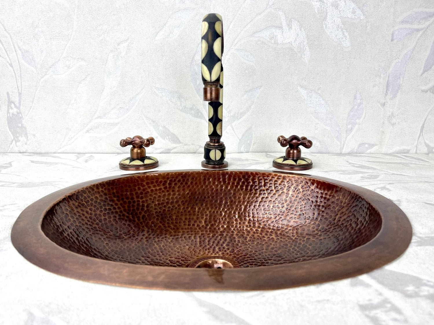 Hammered Copper Vessel Sink Set - Widespread Faucet with Black Resin Inlay & Antique Finish