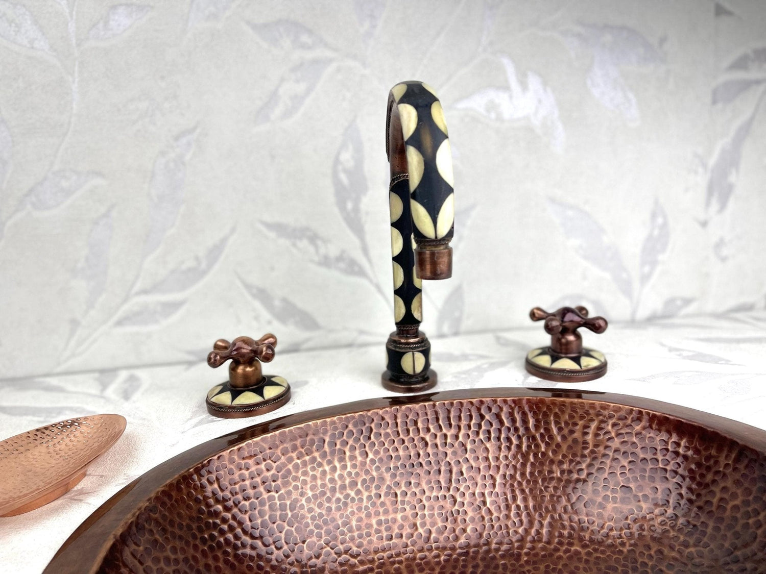 Hammered Copper Vessel Sink Set - Widespread Faucet with Black Resin Inlay & Antique Finish