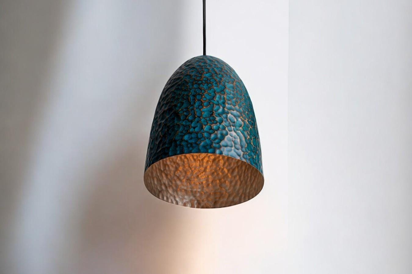 Hammered Oxidized Copper Pendant - Verdigris Bell Hanging Lamp