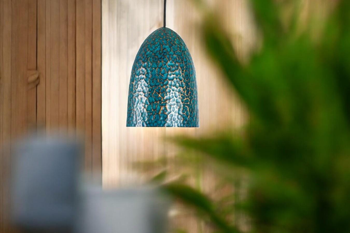 Hammered Oxidized Copper Pendant - Verdigris Bell Hanging Lamp