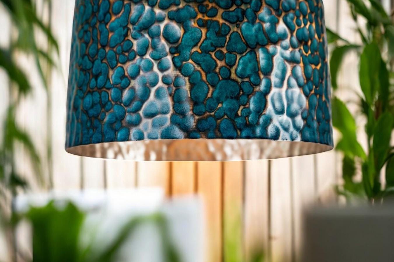 Hammered Oxidized Copper Pendant - Verdigris Bell Hanging Lamp
